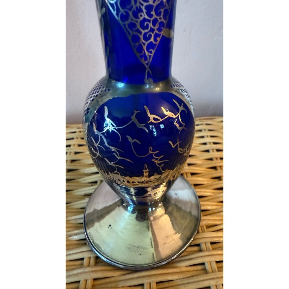 Vintage 50's Venetian Art Glass Bud Vase Blue Silver Overlay Gondola - Picture 7 of 11